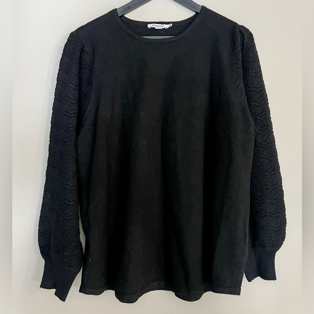 Chico’s Women Black Sweater with Pointelle Sleeves XL, Chicos Size 3